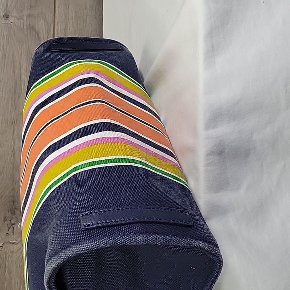Kate Spaded Striped Navy Blue Canvas Leather Tote Shoulder Bag - Picture 6 of 12